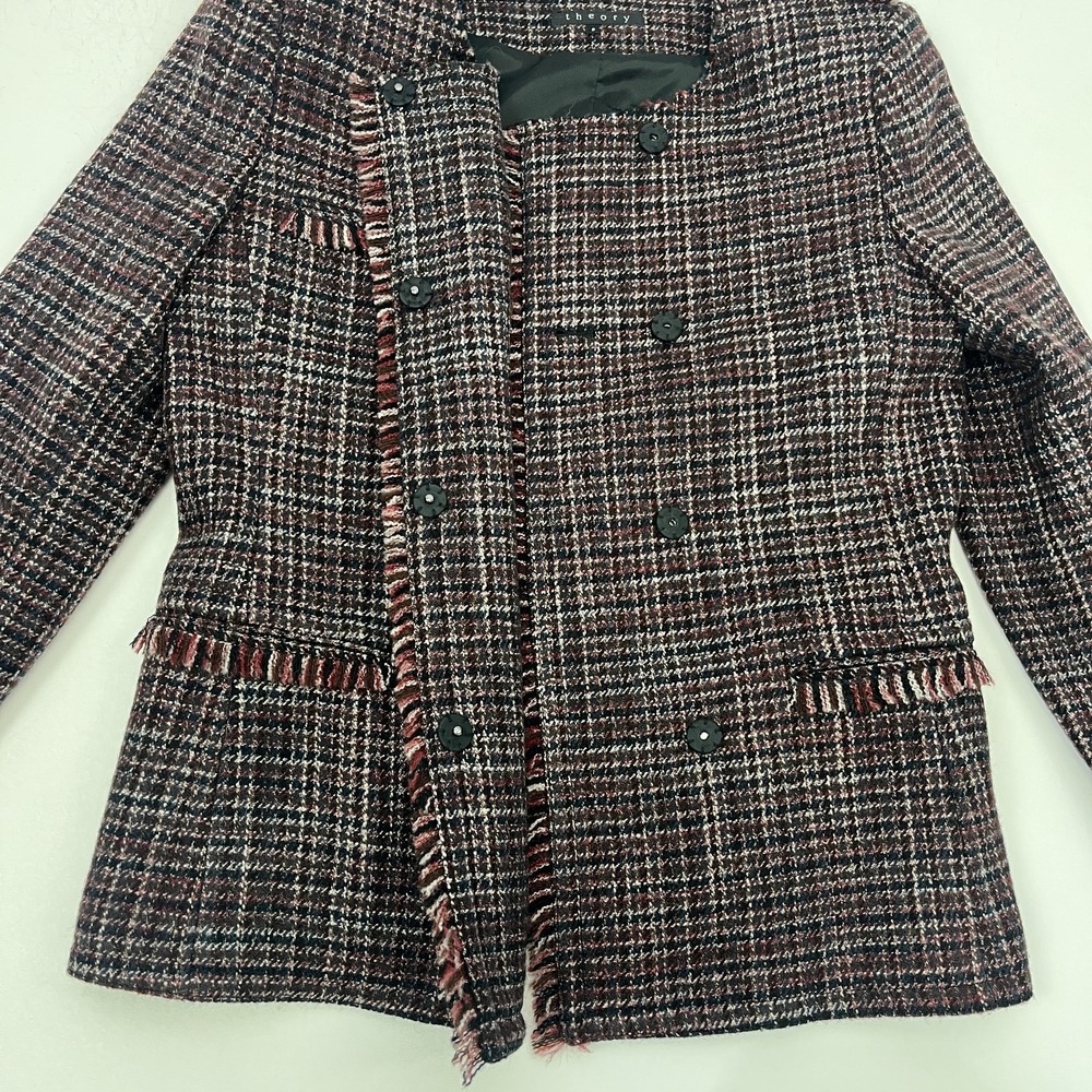 Theory Mylana‎ Tweed Jacket Sz 8 Fringe Trim Blazer Classic Preppy Quiet Luxury - Picture 5 of 13